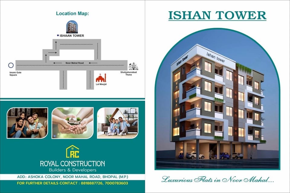 Ishan Tower brochure: location map of Noor Mahal Road on the left, the building render on the right.