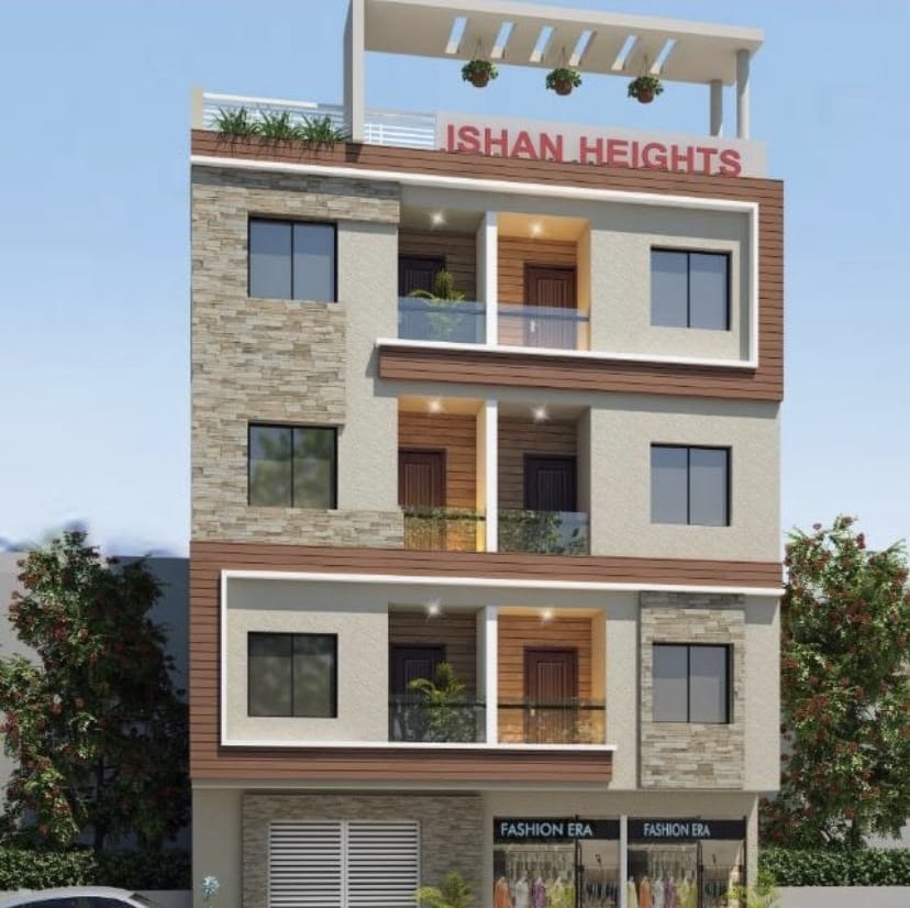 Ishan Heights: a four-storey building with shops at street level, stone and timber-finish cladding, recessed balconies with glass railings and a pergola on the roof.
