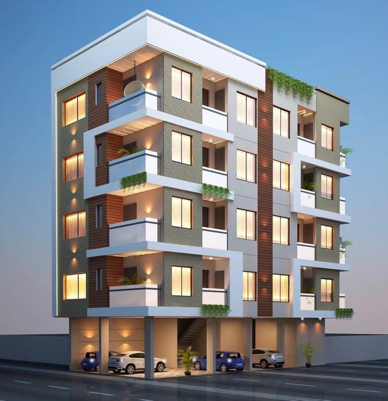 Ishan Tower apartment building at dusk.
