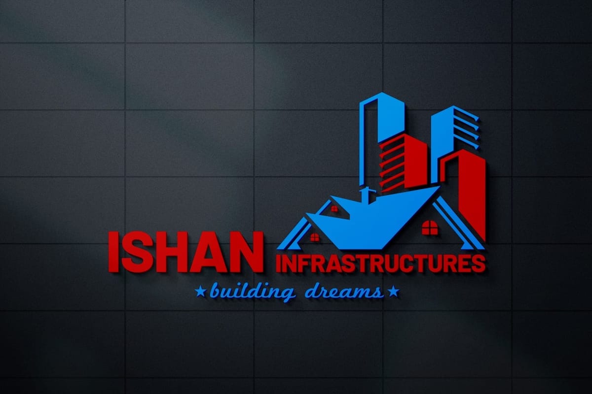 The Ishan Infrastructure logo: red and blue lettering with a house roof and towers, mounted on a dark tiled wall.