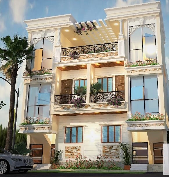 Render of a symmetrical classical house with tall corner bays, ornamental railings, a pergola over the central terrace and planted balconies.